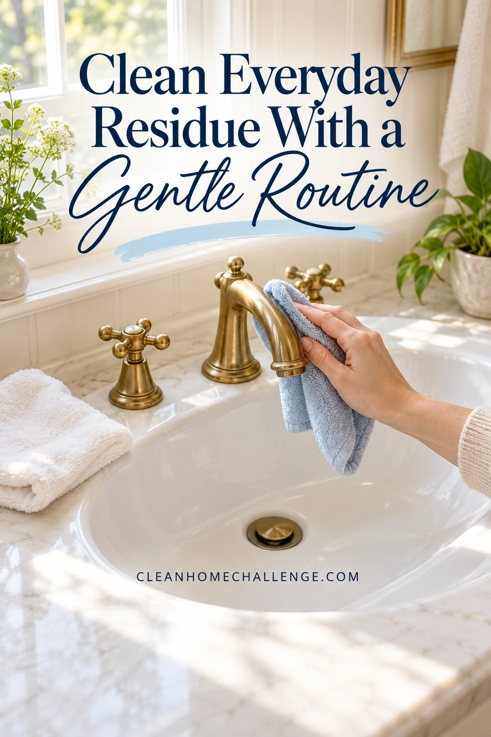 A hand gently wipes a brass faucet with a blue cloth over a white basin; a folded white towel rests nearby.