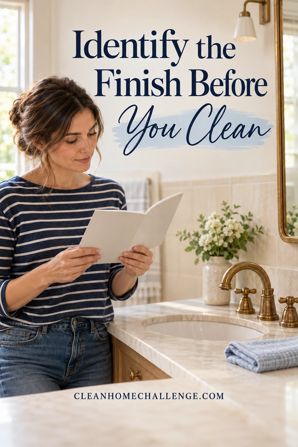 Woman reads an open care booklet beside brass bathroom faucet and folded blue cloth.