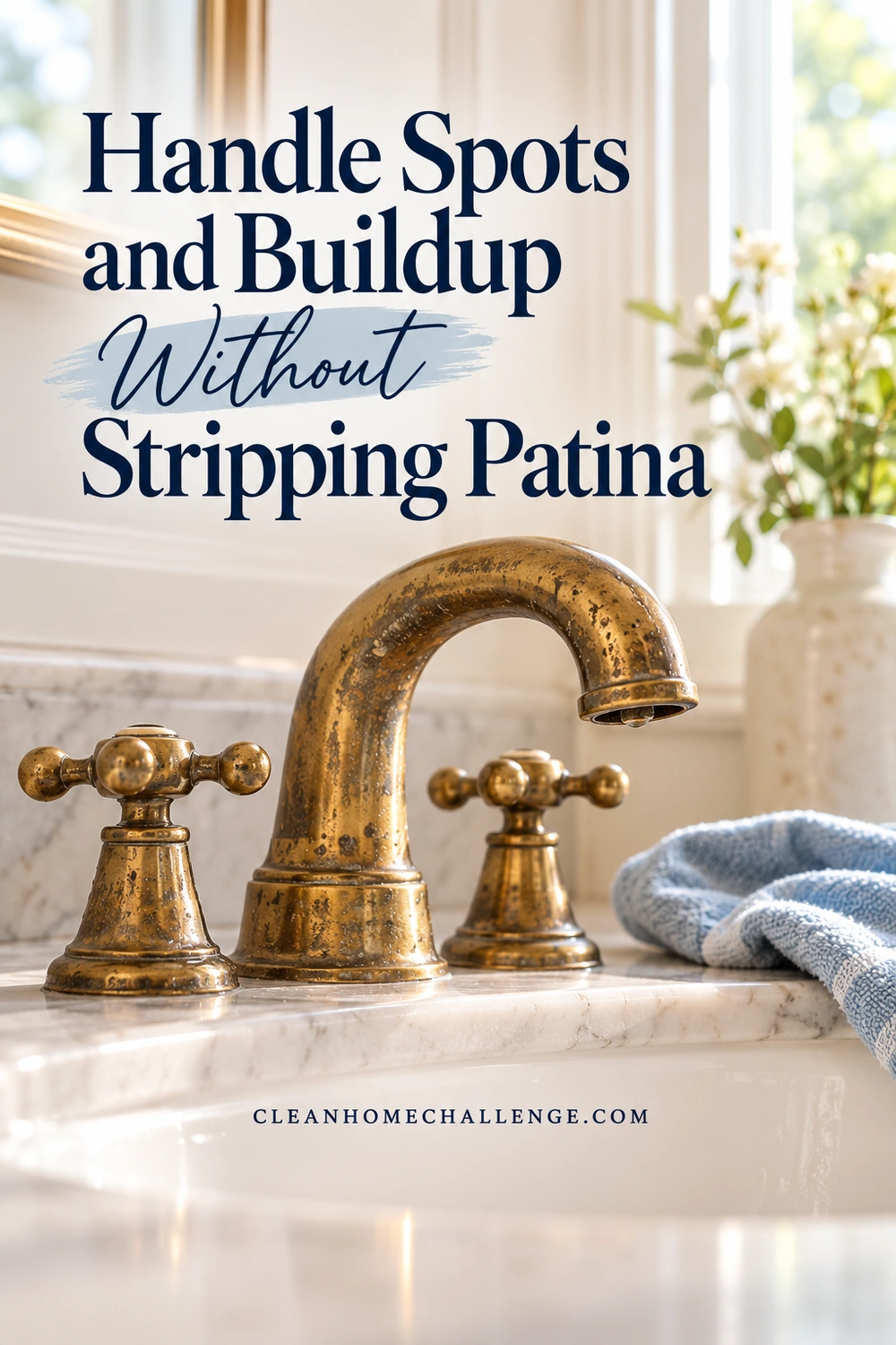 Close-up of a naturally mottled brass faucet and cross handles beside a soft blue cloth.