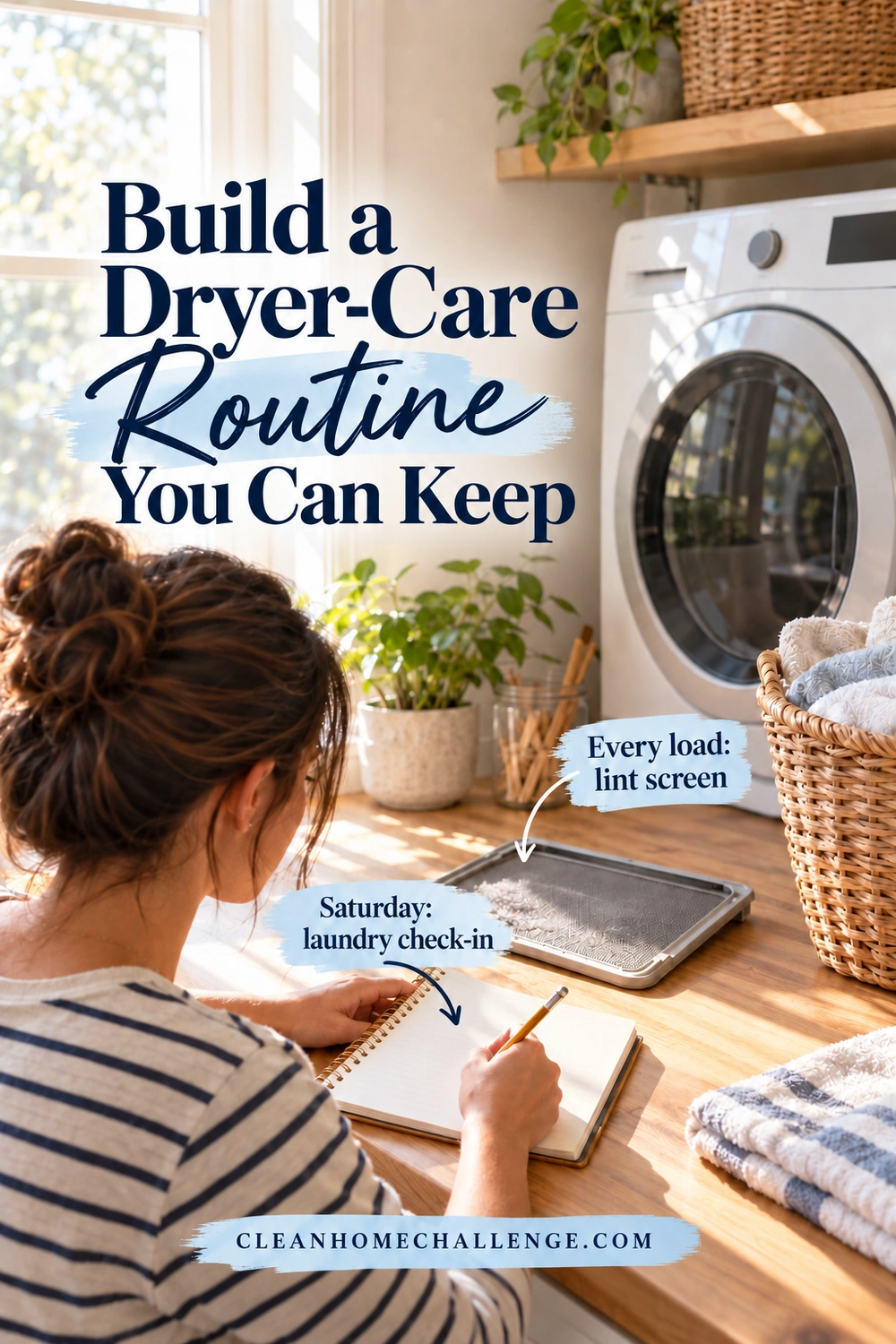 Seen over her shoulder, a woman writes in a notebook at a laundry counter beside a lint screen and closed dryer.