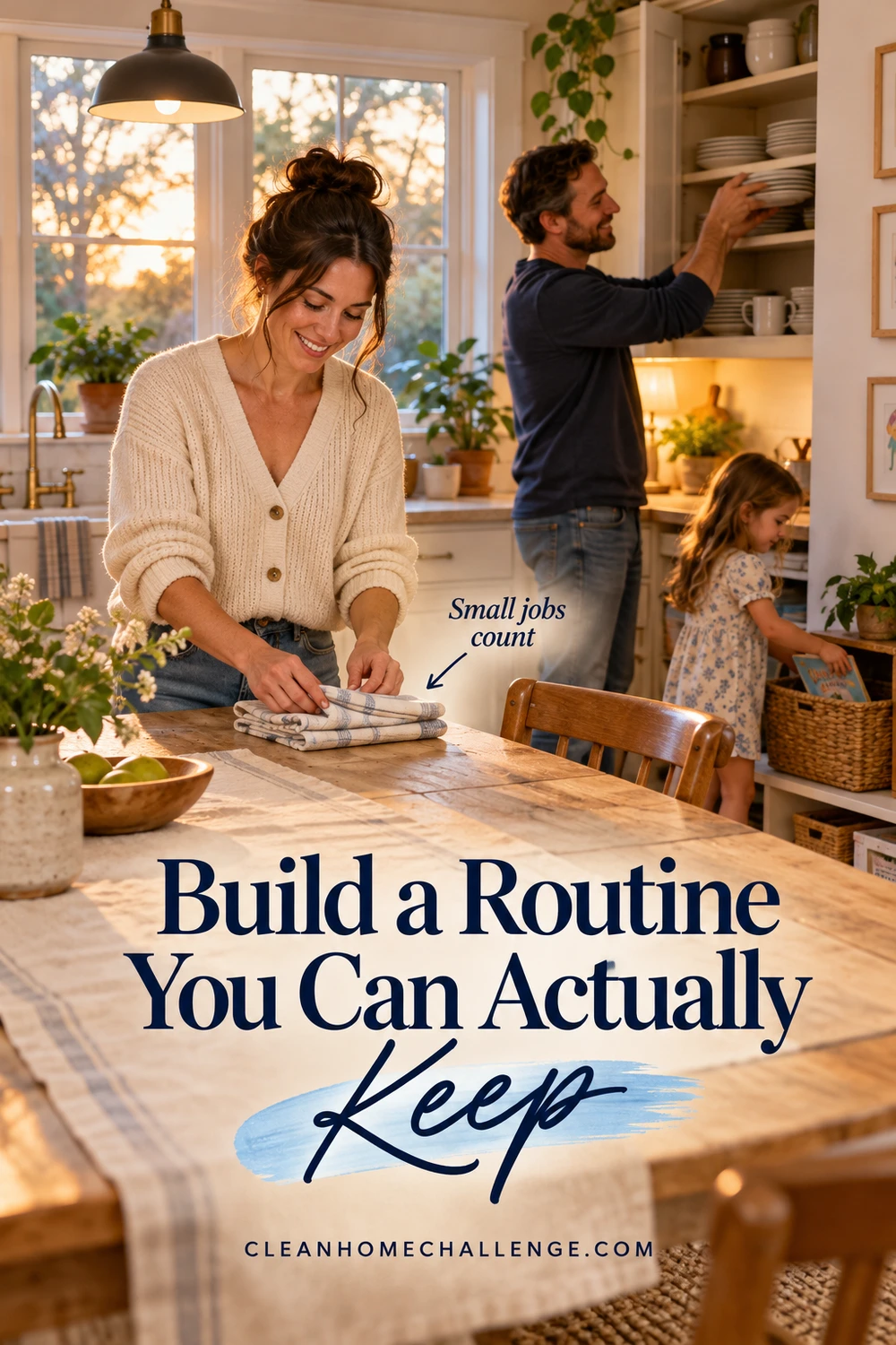 A woman folds cloths at a kitchen table while her partner puts plates away and a child stores a book, under the Build a Routine You Can Actually Keep heading.