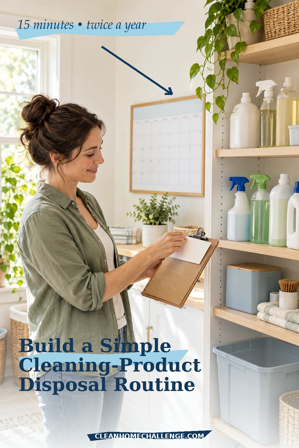 Woman using a clipboard and calendar to review a neatly organized cleaning-product shelf