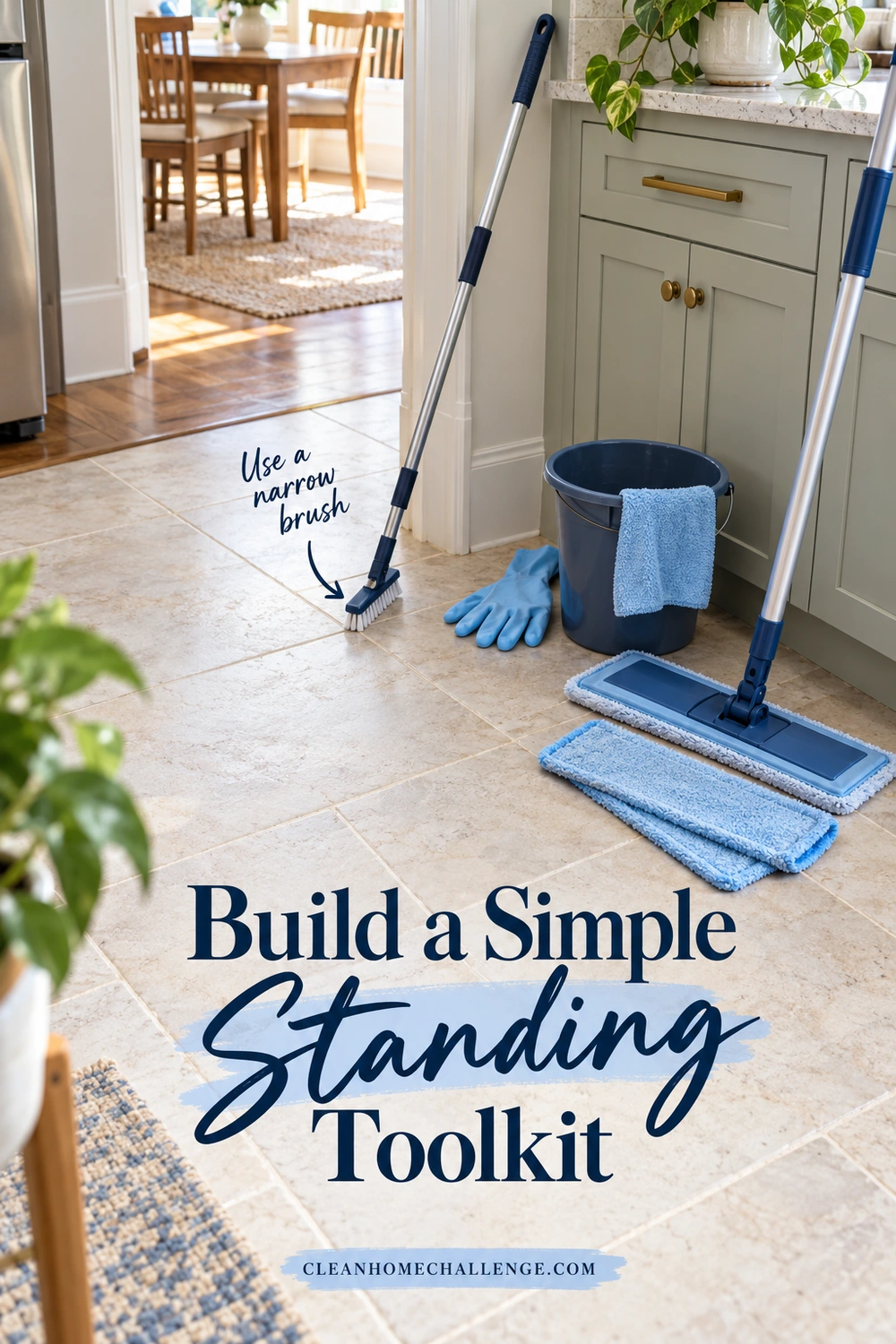 A narrow long-handled brush, flat mop, clean blue pads, gloves, and a small bucket are grouped beside a tiled kitchen doorway.