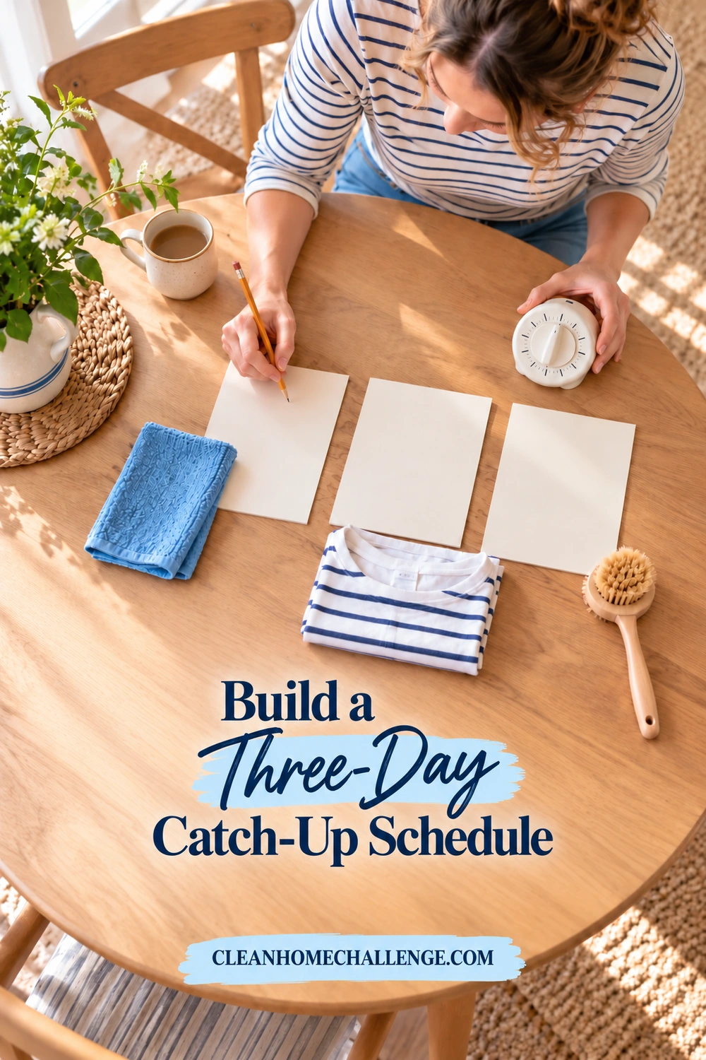 An overhead view shows three blank planning cards, a cloth, folded shirt, brush, pencil, and timer on a round wood table.