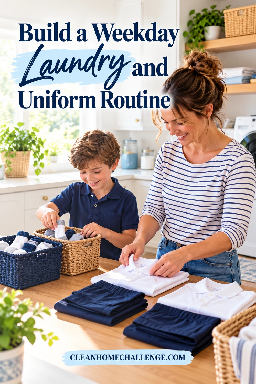 A mother and son sort navy-and-white school clothes into baskets on a laundry-room counter.