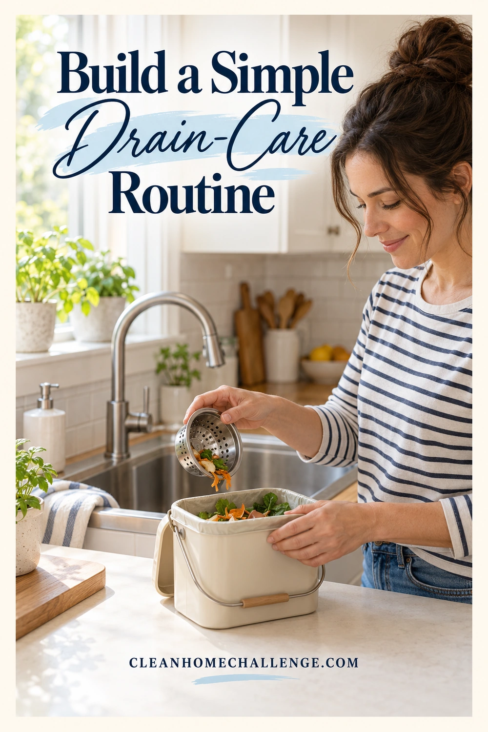 Woman emptying a removable kitchen sink strainer into a countertop food-scrap caddy.