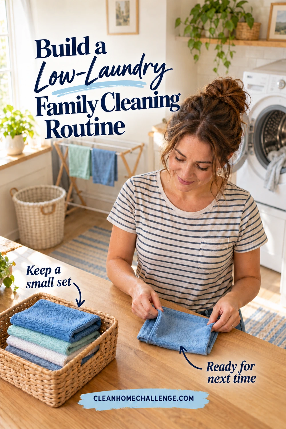 A woman folds a blue cleaning cloth beside a small basket of folded cloths, with a drying rack and washing machine behind her. The heading describes a low-laundry family cleaning routine.