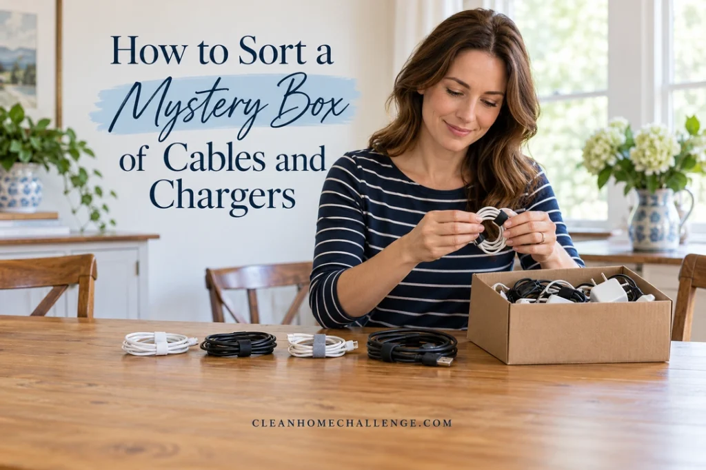 Striped-shirt woman sorting loose coils beside a small cardboard cable box on a dry table.