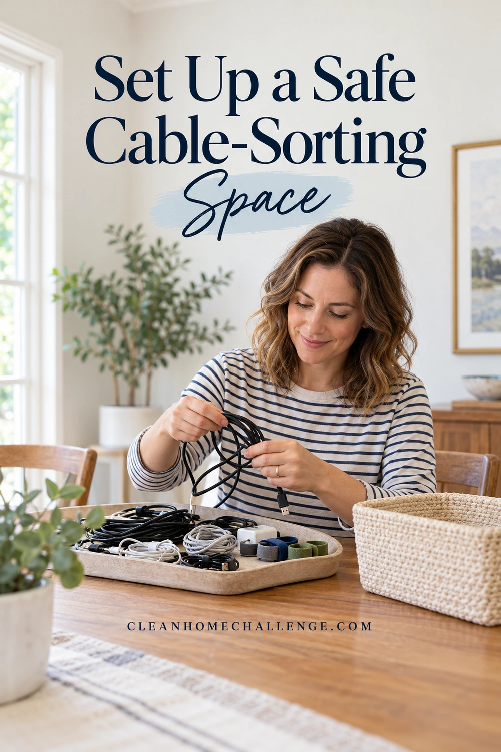 Woman gently separating an unplugged cable above a shallow tray on a dry table.