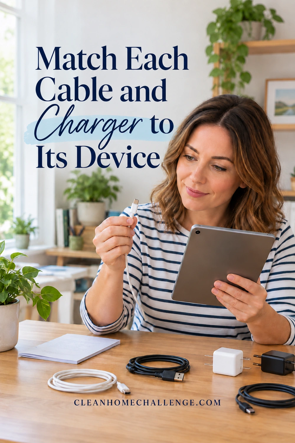 Woman holding an unplugged connector beside a tablet, with paper manual and loose cords on dry table.
