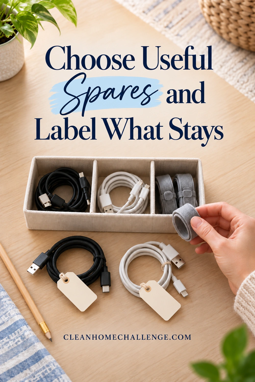 Loose coils and blank tags beside a compartment tray; hand holds reusable tie.