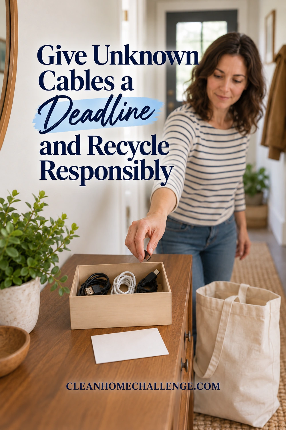 Woman places unplugged cable in small review box beside blank card and cloth tote.