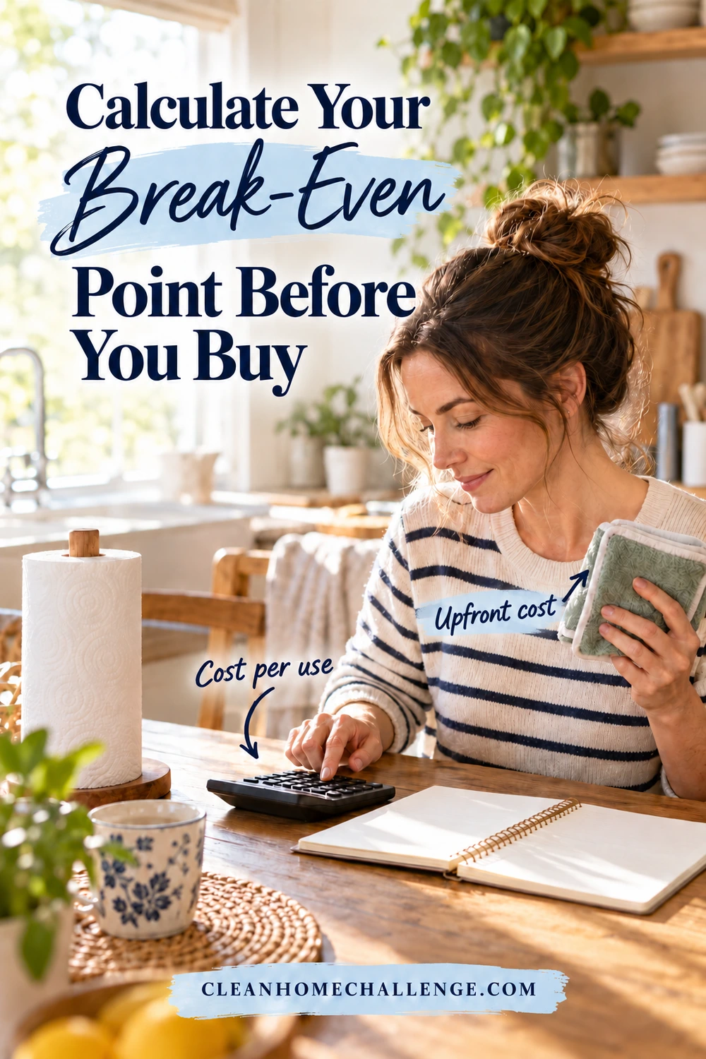 A woman holding folded cloths uses a calculator beside a paper towel roll and open notebook. The headline reads Calculate Your Break-Even Point Before You Buy.