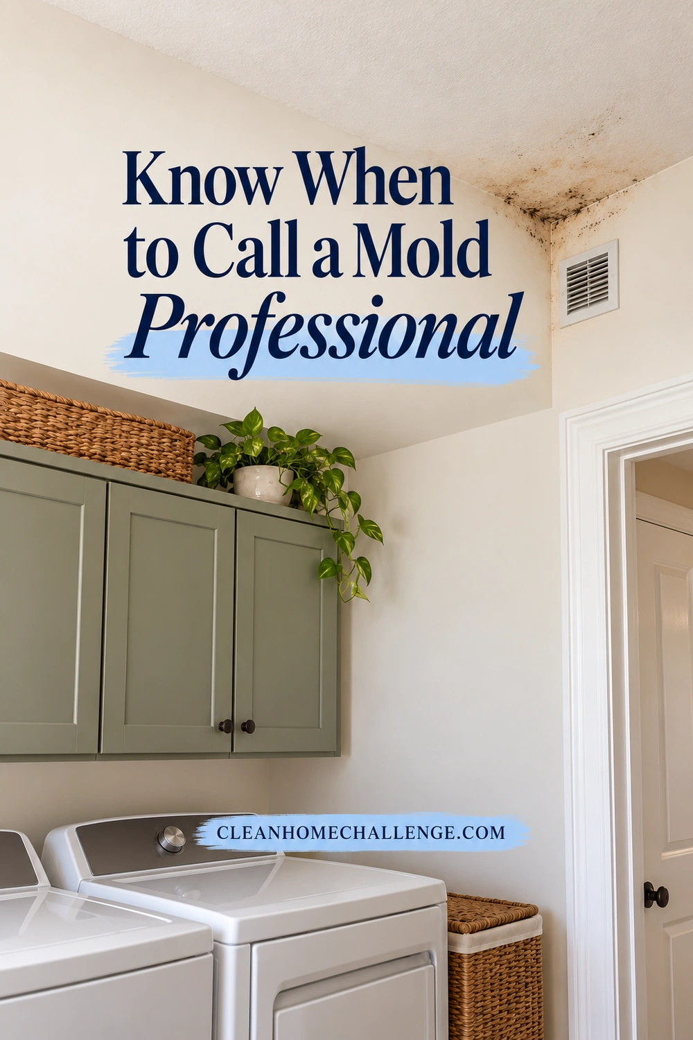 Brown moisture staining and scattered dark spots mark an intact laundry-room ceiling corner above a ventilation grille, with closed laundry appliances, green cabinets and a doorway below.