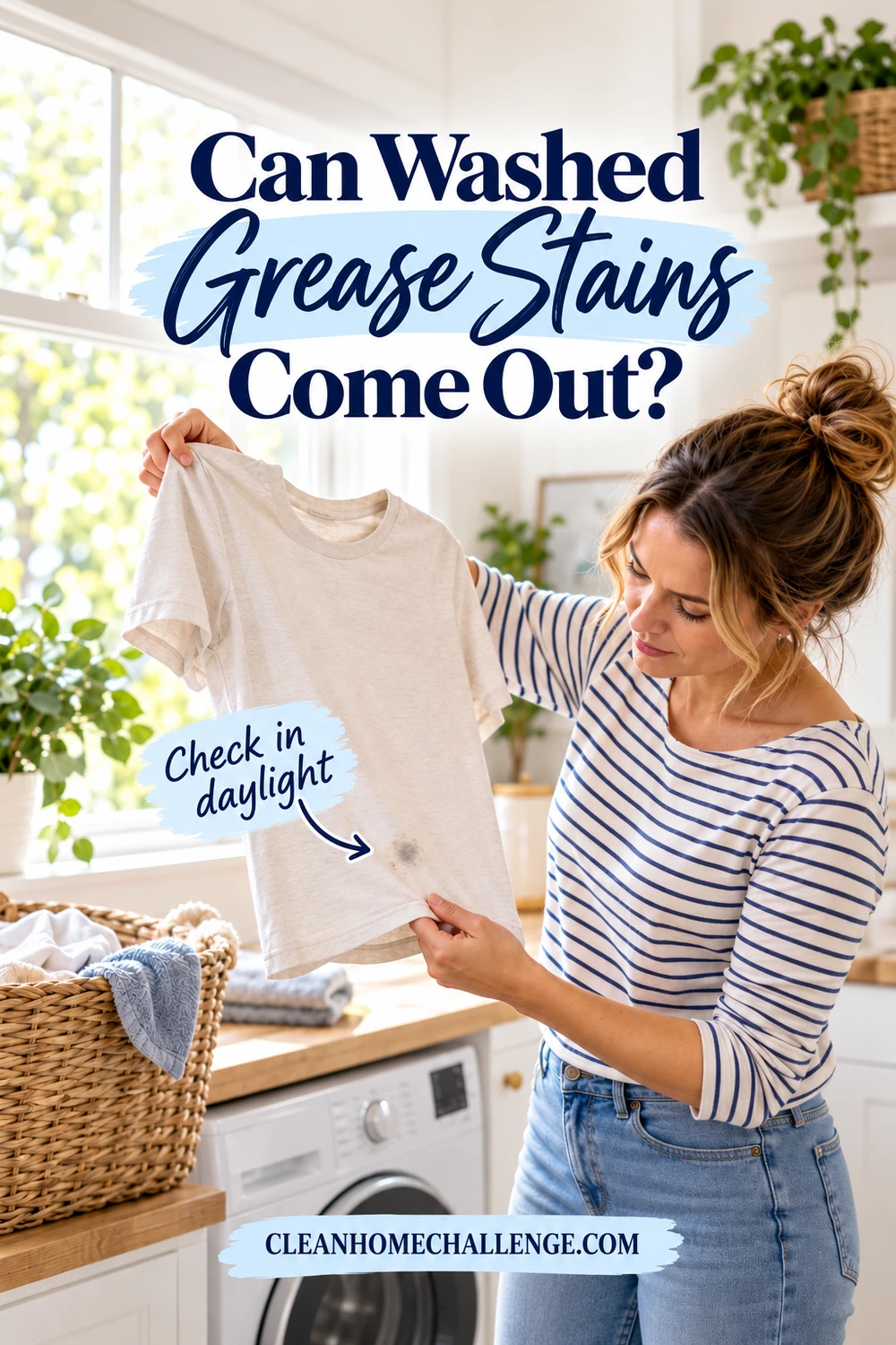 A woman in a striped shirt examines a small dark mark on a pale T-shirt beside a window and laundry basket.
