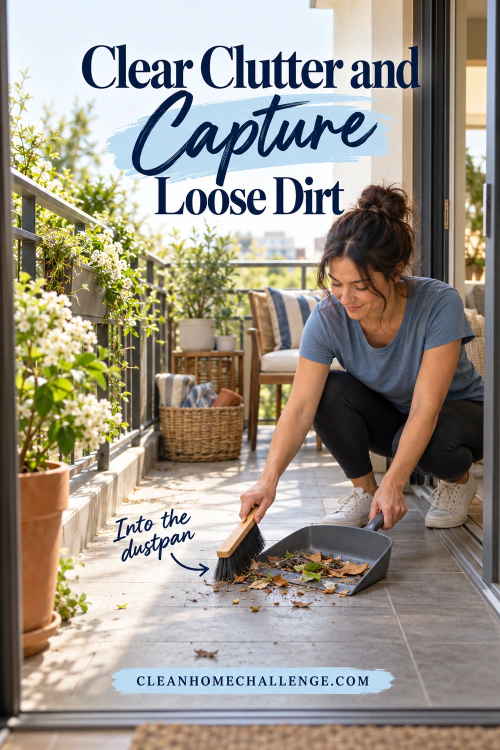 A woman in a blue shirt brushes ordinary leaves and loose dirt into a dustpan on a narrow apartment balcony.
