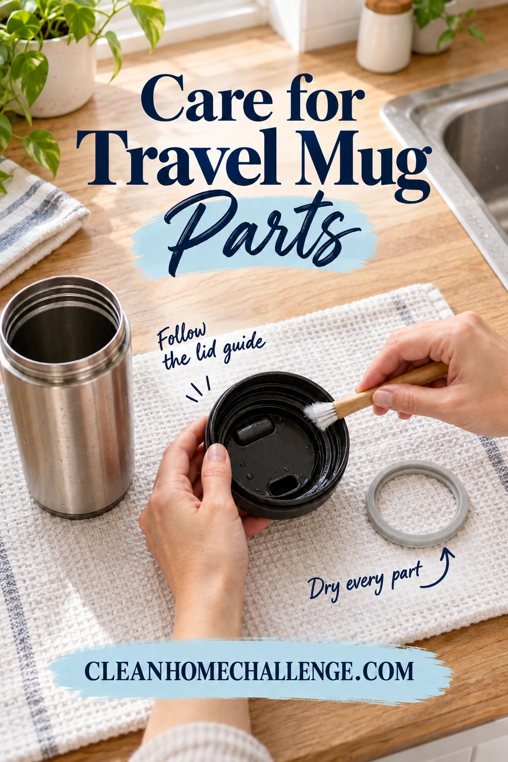 Hands use a soft small brush on an open travel-mug lid groove beside a stainless steel mug body and a separate gray silicone gasket on a drying mat.