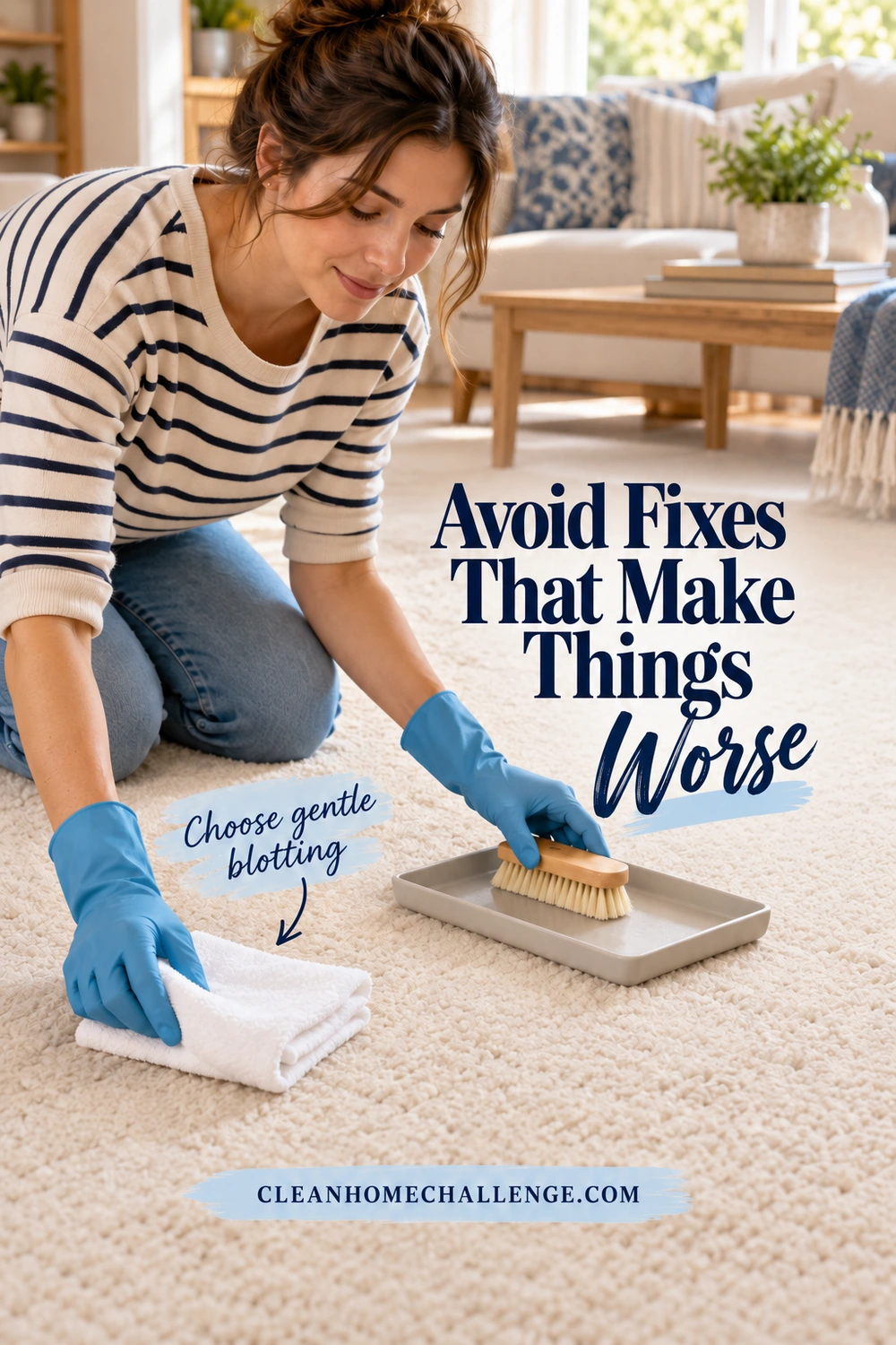Woman wearing blue gloves setting a stiff scrub brush onto a tray while choosing a folded white cloth on the carpet.