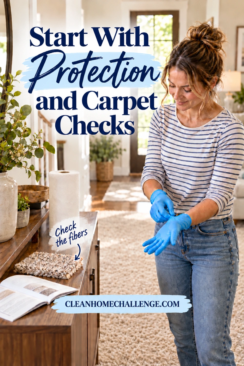 Woman in a striped shirt putting on blue gloves beside paper towels, a carpet sample, and an open care booklet in a bright hallway.