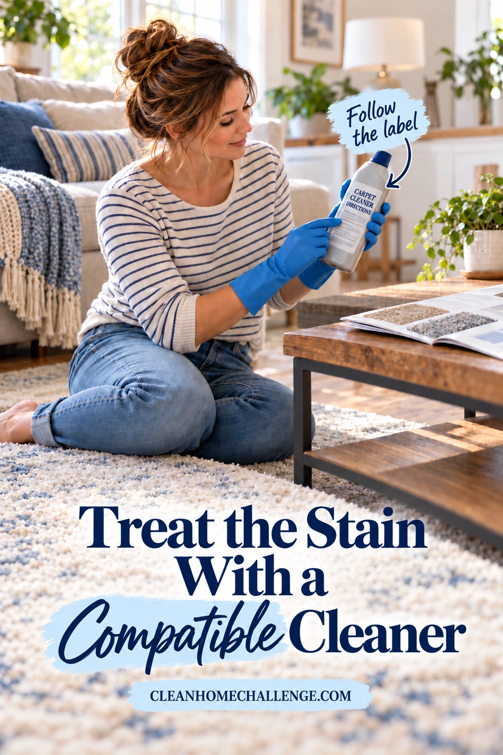 Woman reading the label on a capped carpet-cleaner bottle beside the carpet, with a care guide nearby.