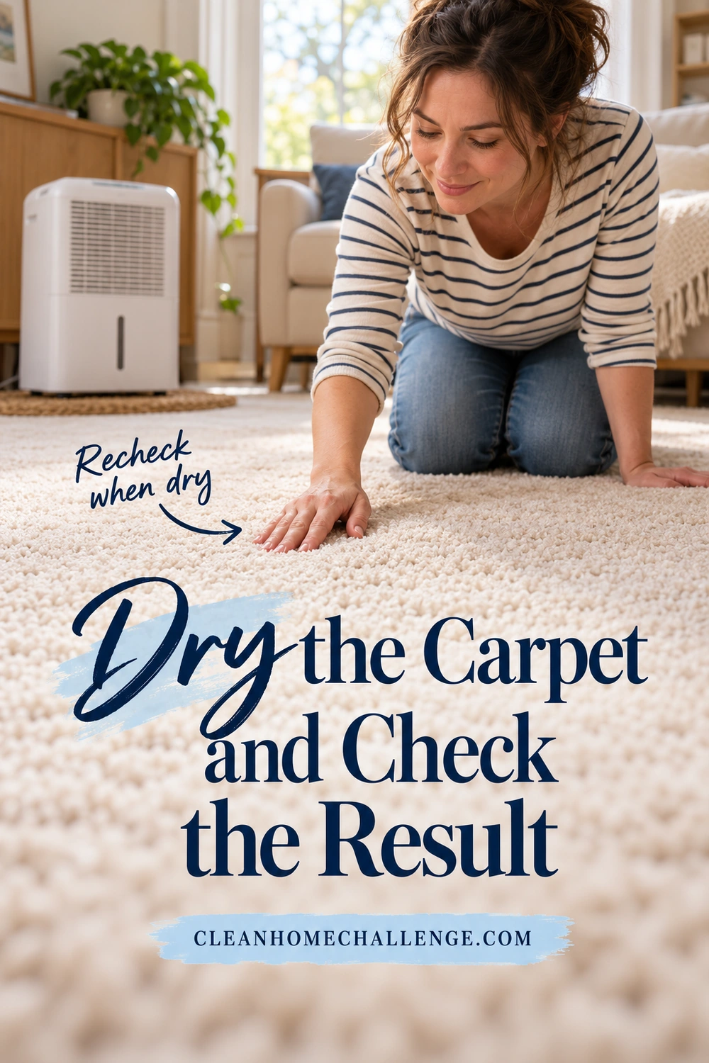 Woman checking the dry carpet with her fingertips in a sunlit room, with a white dehumidifier in the background.