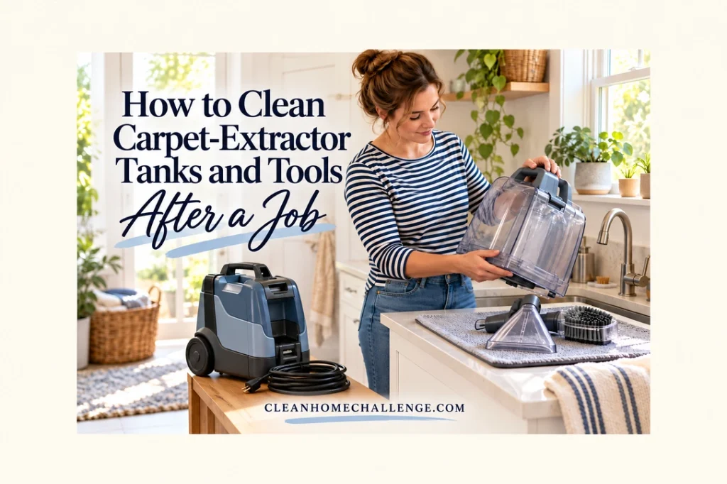 A woman checking an empty detached carpet-extractor tank beside drying tools in a bright laundry.