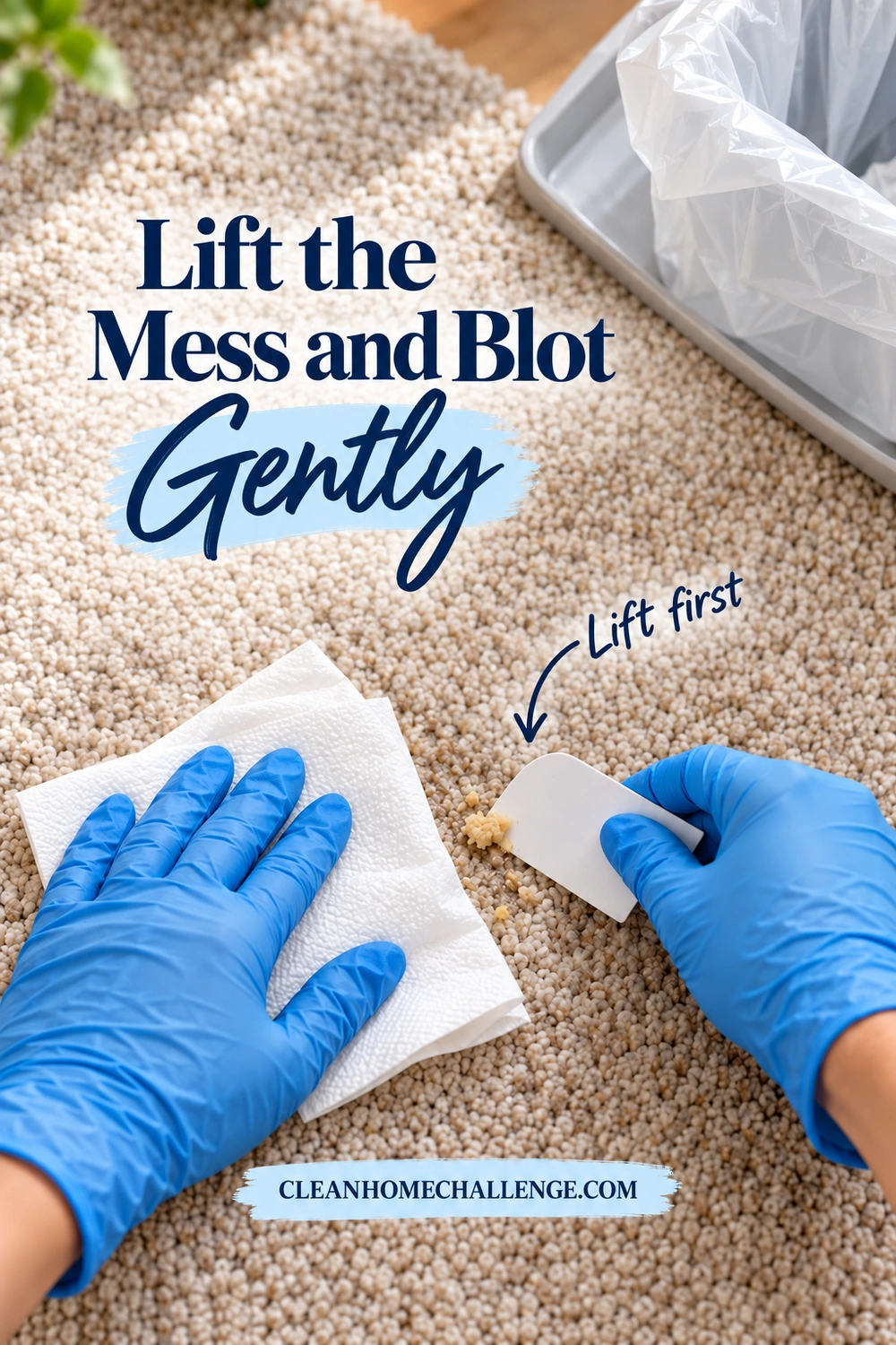 Overhead view of gloved hands lifting a small amount of debris from carpet with a disposable card and paper towel.
