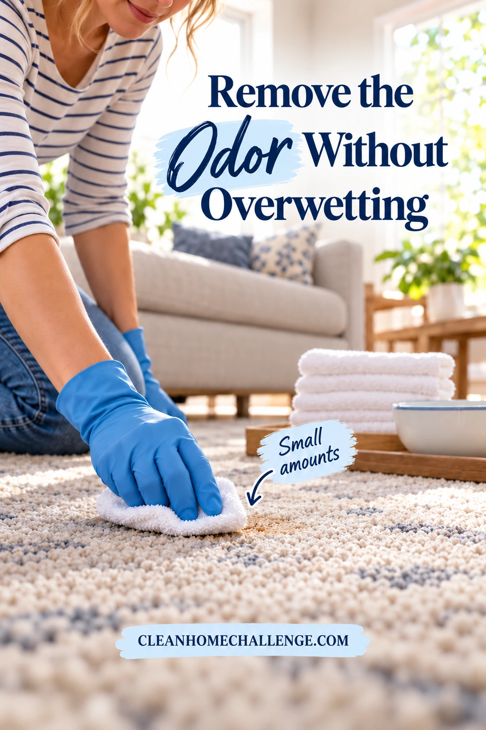 Low view of a gloved hand using a small damp cloth on carpet beside a stack of white absorbent towels.