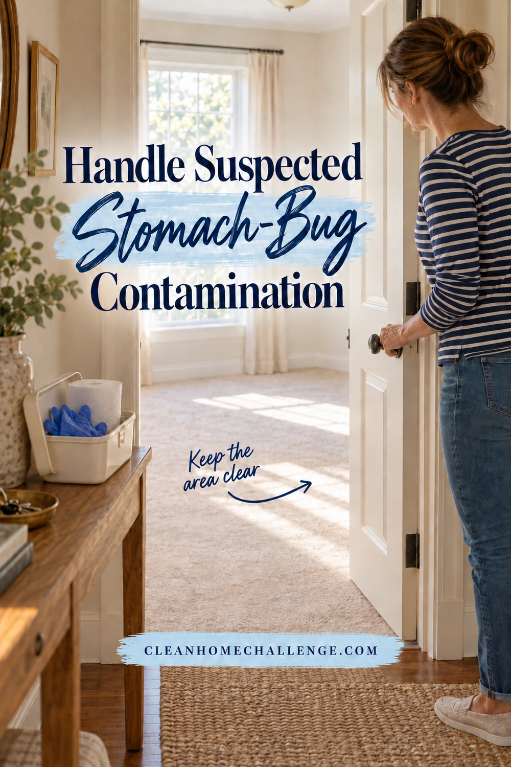 Woman using a bare hand to partly close the door to an empty carpeted room, with unused gloves and paper towels in a lidded caddy nearby.