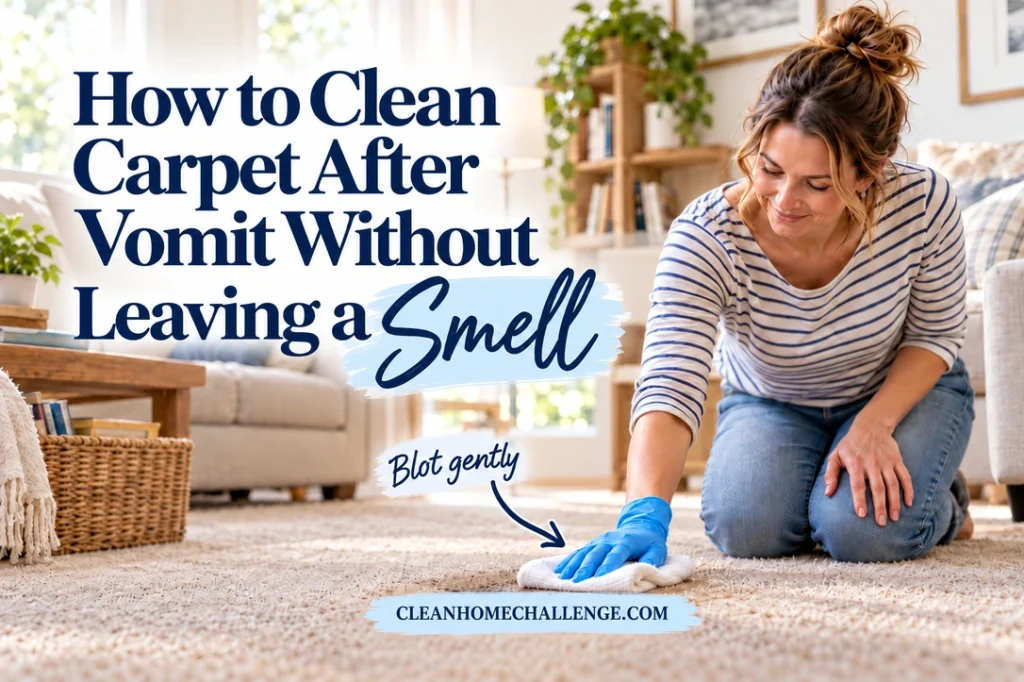 A striped-shirt woman wearing a blue glove presses a white cloth onto beige carpet beside the title How to Clean Carpet After Vomit Without Leaving a Smell.