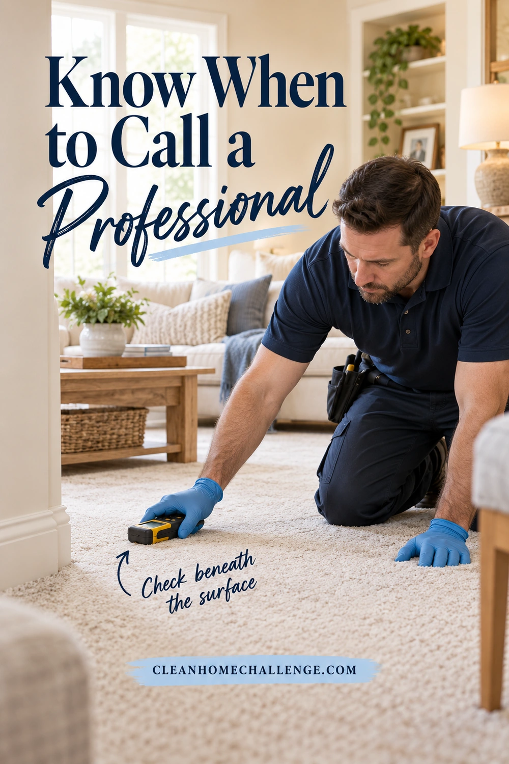 Gloved carpet technician kneeling in a family living room and checking near a carpet edge with a handheld moisture meter.