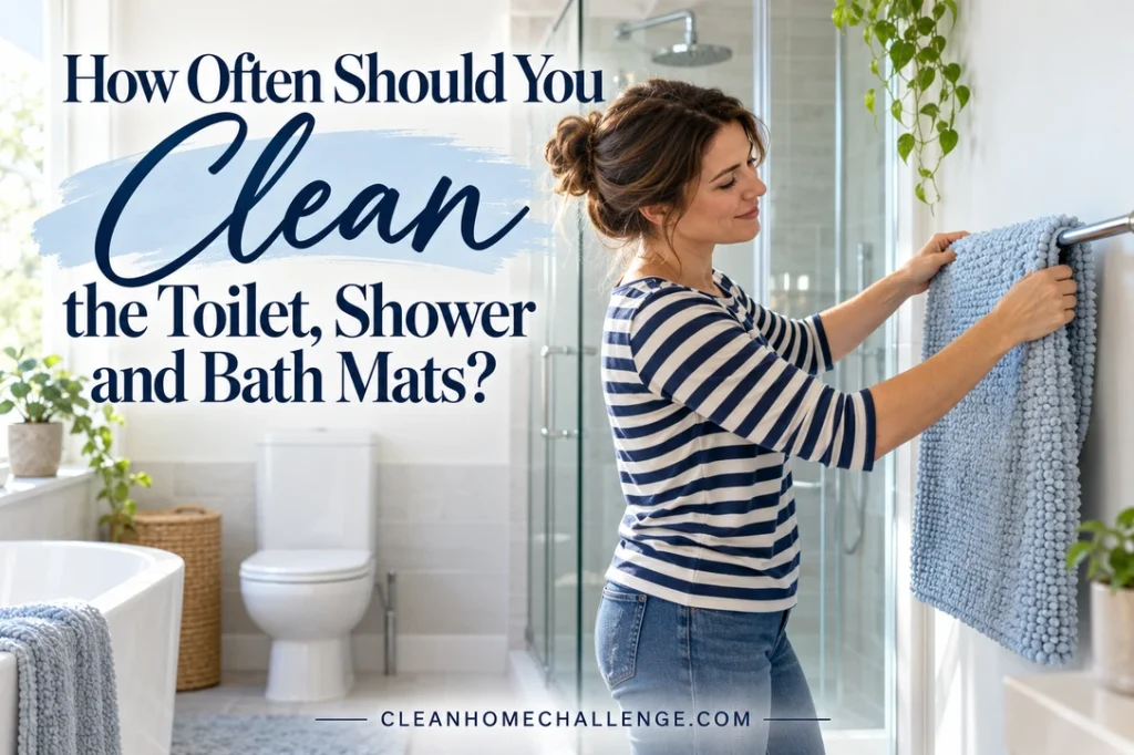 Woman in a navy-striped shirt hanging a blue bath mat over a bathroom rail, with a white toilet and glass shower behind her.