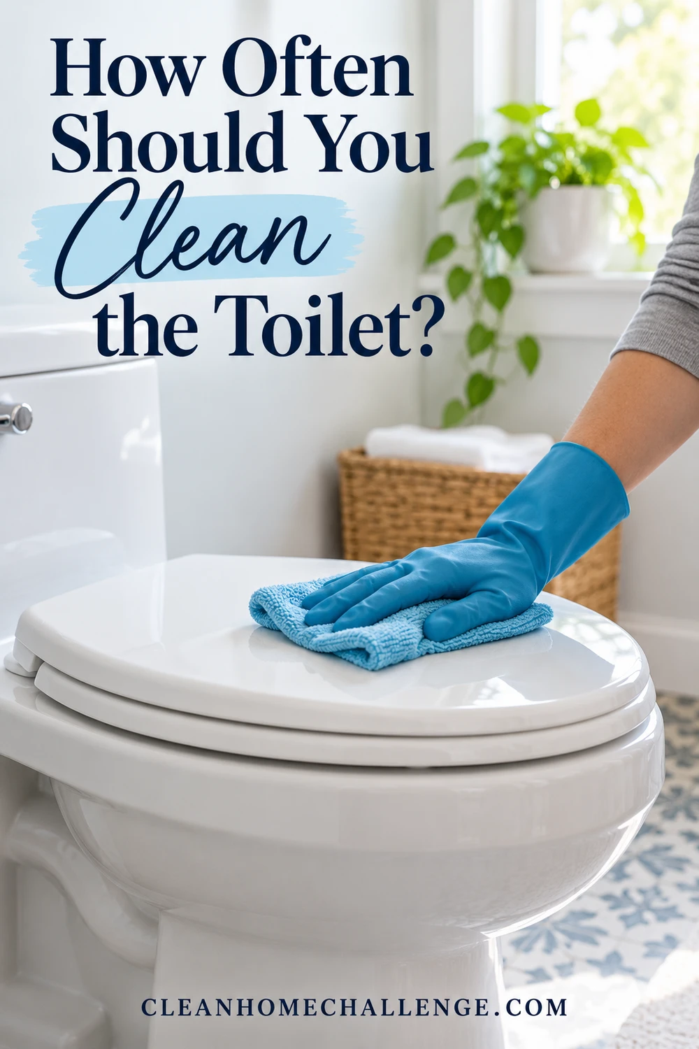 Blue-gloved hand wiping a closed white toilet lid with a folded blue cloth.