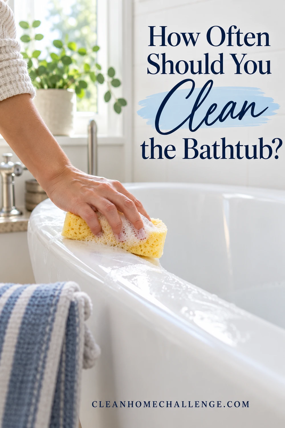 Hand using a yellow sudsy sponge to wipe the edge of a white bathtub.