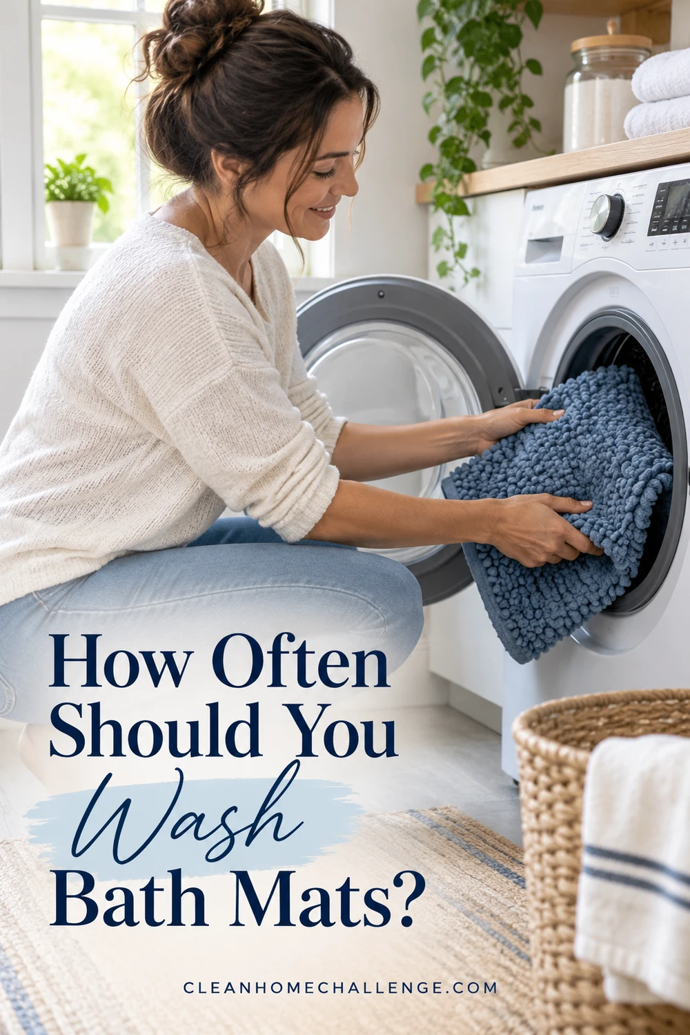 Woman loading a blue textured bath mat into a front-loading washing machine.