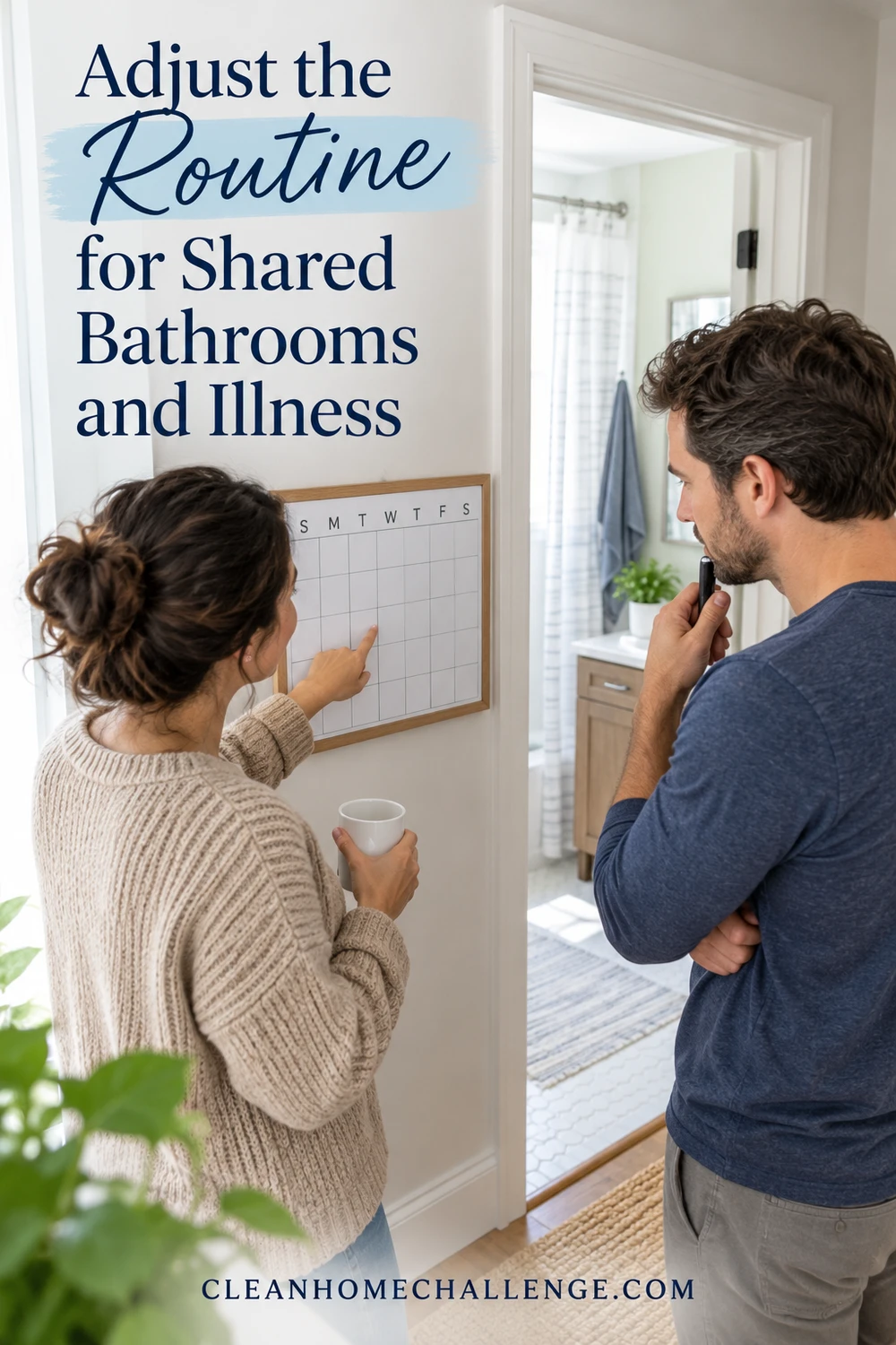 Two adults discussing a blank wall calendar beside an open bathroom doorway.