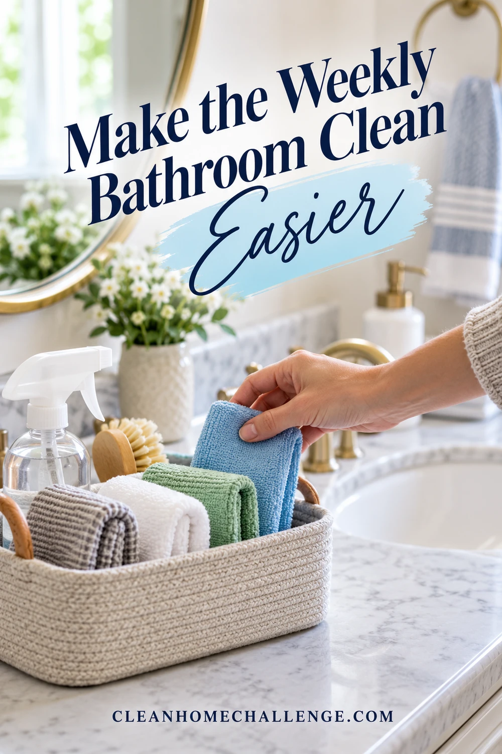 Hand selecting a blue cloth from a basket of folded cleaning cloths beside a bathroom sink.