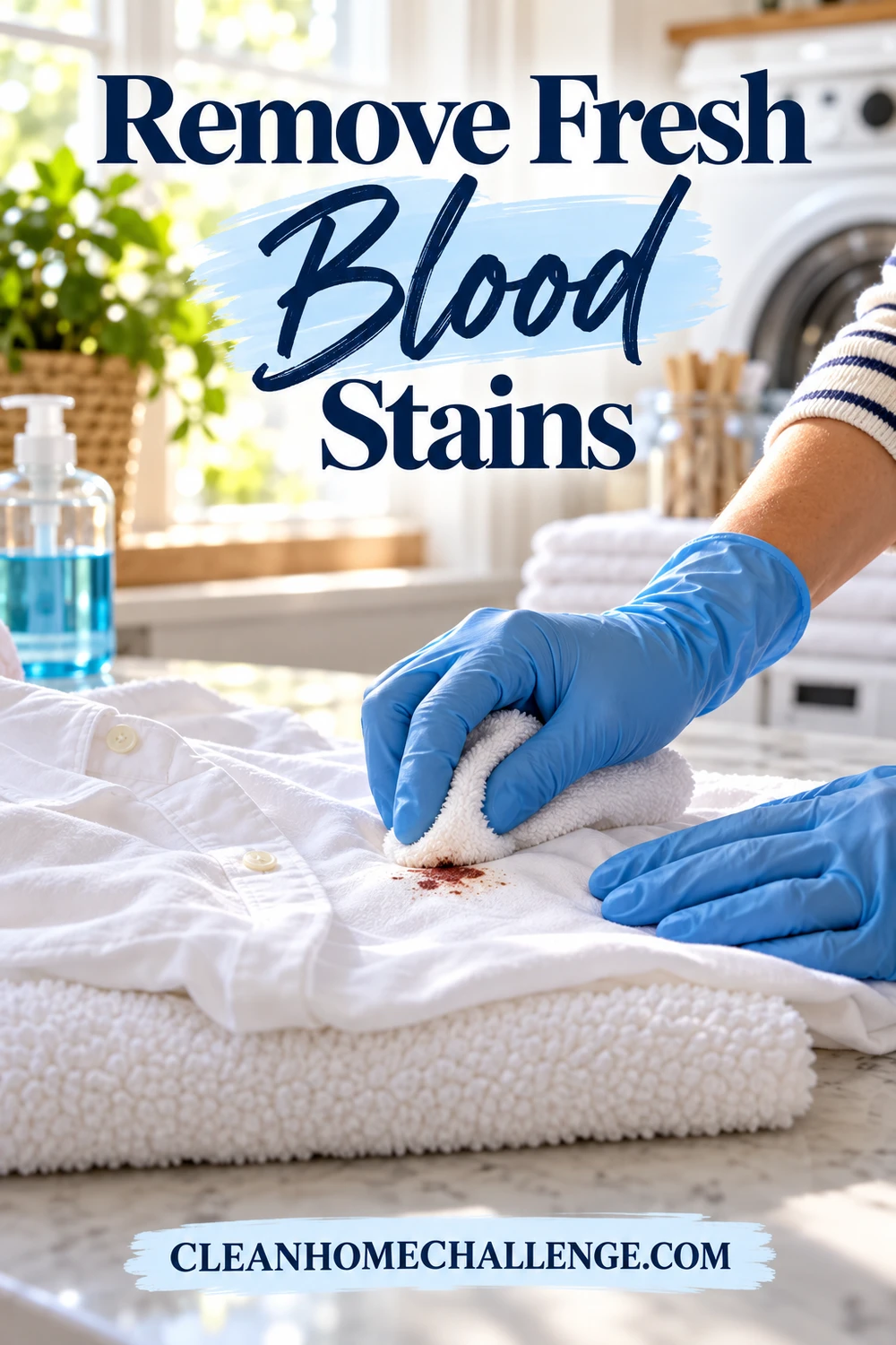 Blue-gloved hands gently dab a small stain on a white shirt resting on a folded towel.