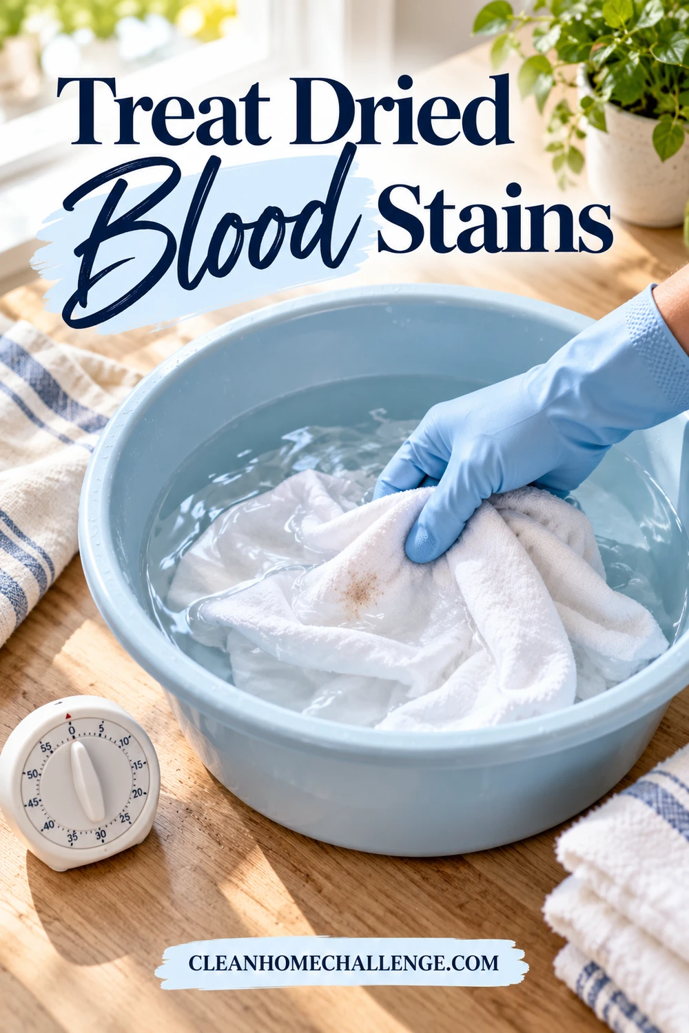 A blue-gloved hand holds damp white fabric in a pale-blue soaking basin beside a timer.