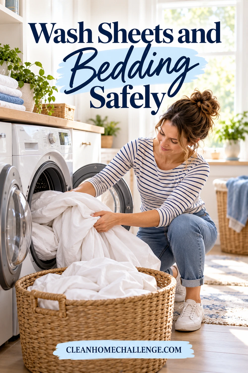 A woman loads loose white bedding into an open front-loading washing machine.
