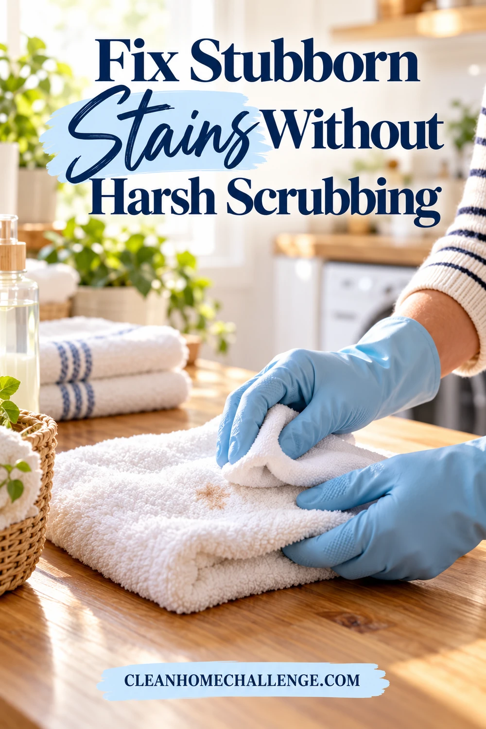 Gloved hands gently dab a faint spot on a white towel resting on a wooden counter.