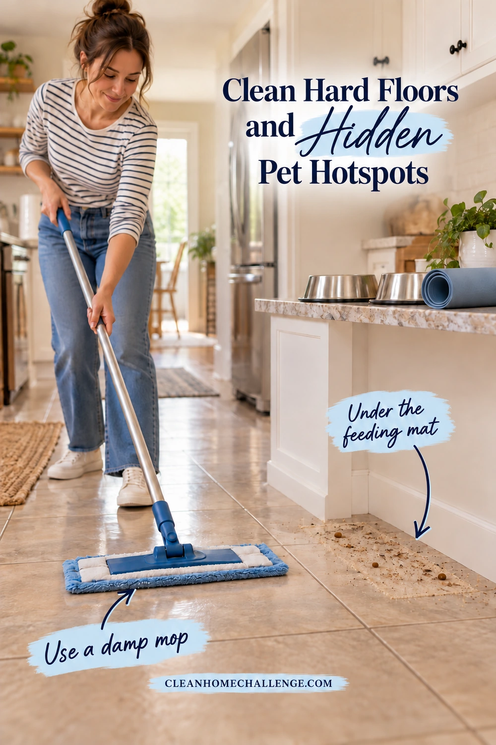 A woman holds a damp flat mop near crumbs in a kitchen pet-feeding corner. Bowls and a rolled feeding mat sit on the counter. Text reads Clean Hard Floors and Hidden Pet Hotspots, with Under the feeding mat and Use a damp mop arrows and the Clean Home Challenge footer.