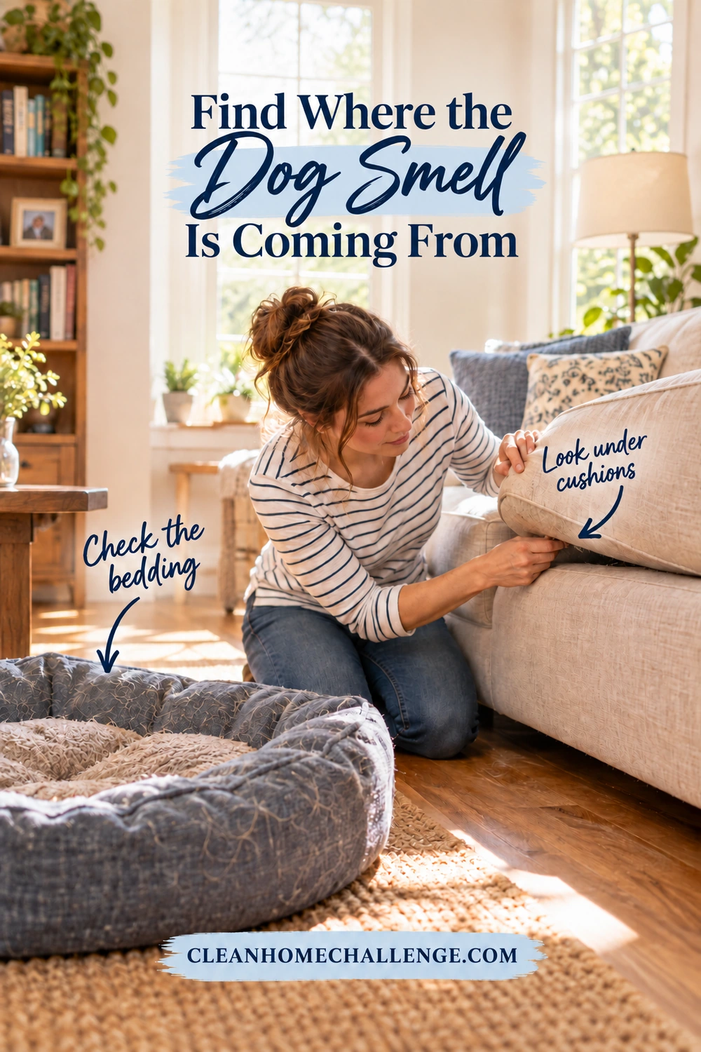 A woman lifts a beige sofa cushion to inspect its seam beside a dog bed with loose hair. Navy text reads Find Where the Dog Smell Is Coming From. Arrows label Check the bedding and Look under cushions, with the Clean Home Challenge footer below.