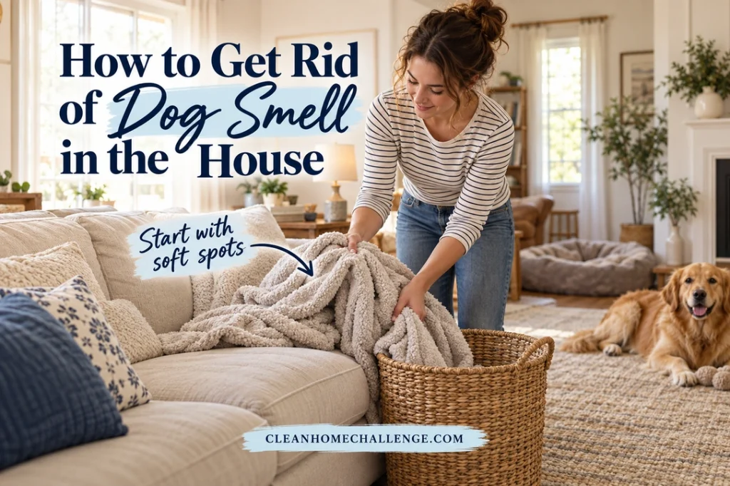 A woman in a striped shirt gathers a sofa blanket into a wicker laundry basket while a golden dog rests on a dry rug. Navy lettering reads How to Get Rid of Dog Smell in the House, with a Start with soft spots arrow and the Clean Home Challenge footer.