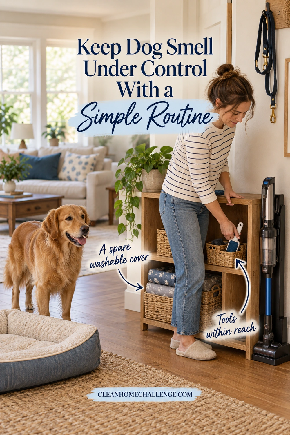 A woman puts a lint brush into a storage basket near folded pet-bed covers, a vacuum, and a golden dog. Text reads Keep Dog Smell Under Control With a Simple Routine. Arrows label A spare washable cover and Tools within reach, above the Clean Home Challenge footer.