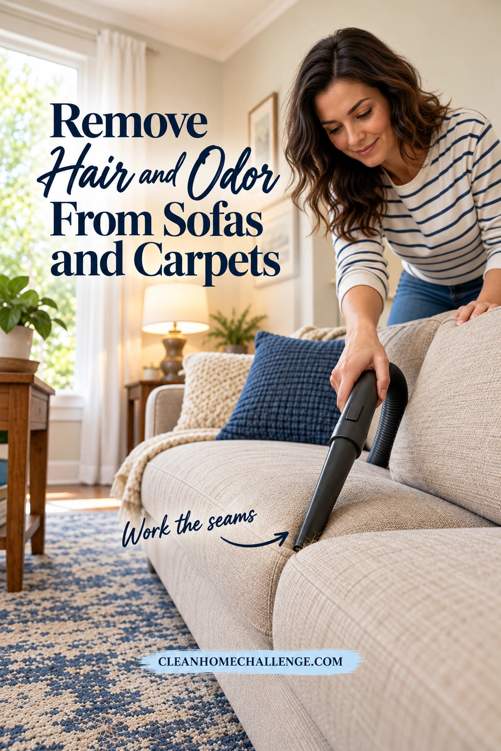 A woman uses a narrow vacuum nozzle along a beige sofa cushion seam, with loose dog hair on the nearby patterned rug. Navy text reads Remove Hair and Odor From Sofas and Carpets. A Work the seams arrow points to the nozzle, above the Clean Home Challenge footer.