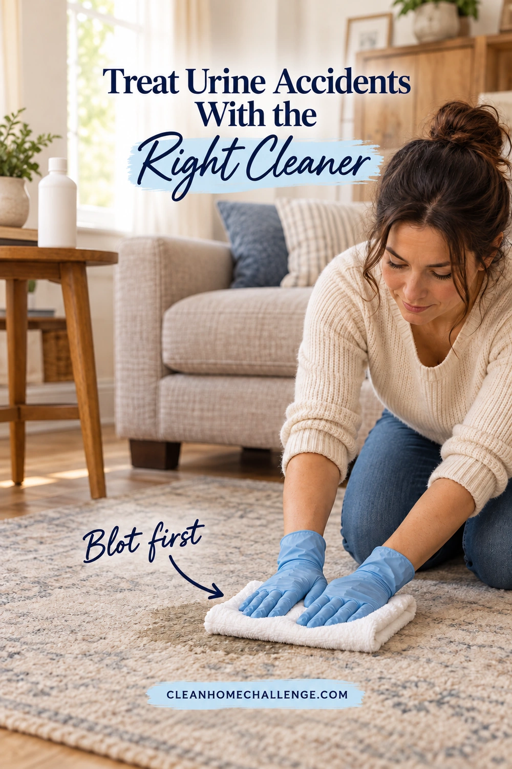 A woman wearing blue gloves presses a white towel onto a damp patch on a rug, with a closed plain bottle on a side table. Navy text reads Treat Urine Accidents With the Right Cleaner. A Blot first arrow points to the towel, with the Clean Home Challenge footer below.