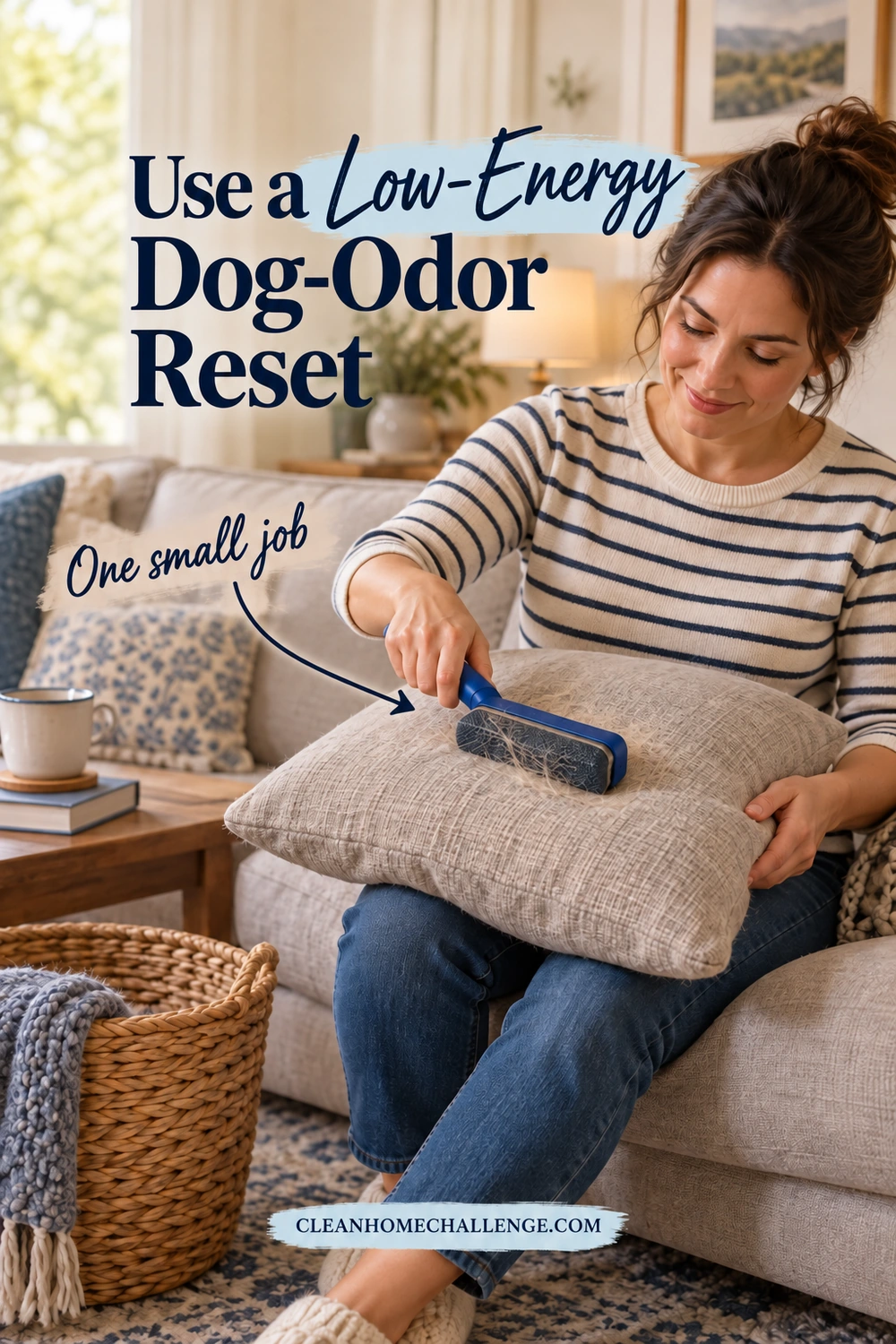A woman seated on a sofa lifts hair from a cushion with a blue reusable lint brush, beside a basket holding a throw. Navy text reads Use a Low-Energy Dog-Odor Reset. A One small job arrow points toward the brush, with the Clean Home Challenge footer below.