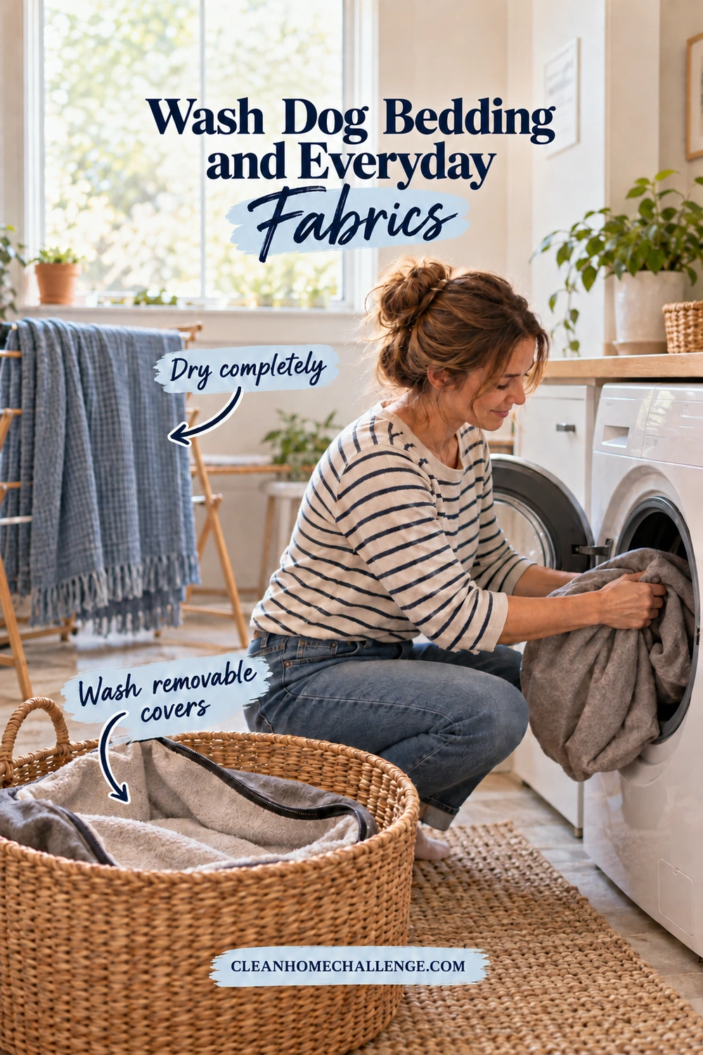 A woman loads a gray dog-bed cover into a front-loading washer beside a drying throw and a basket of zippered covers. Navy text reads Wash Dog Bedding and Everyday Fabrics. Arrows label Wash removable covers and Dry completely, with the Clean Home Challenge footer.