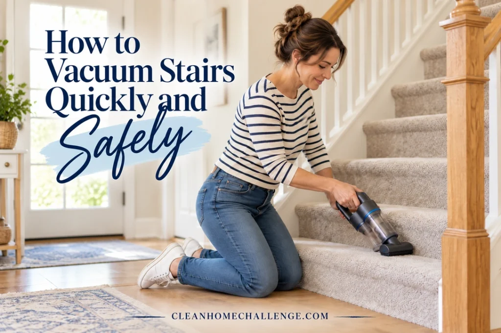 A woman kneels on a level lower landing and uses a compact handheld vacuum on the first carpeted stair. The headline reads How to Vacuum Stairs Quickly and Safely.